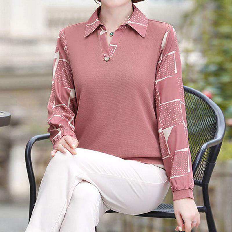 Casual Fashion Solid Patchwork Printed Shirt Spring Autumn Office Lady Polo-Neck Long Sleeve Loose Pullover Ladies Clothing