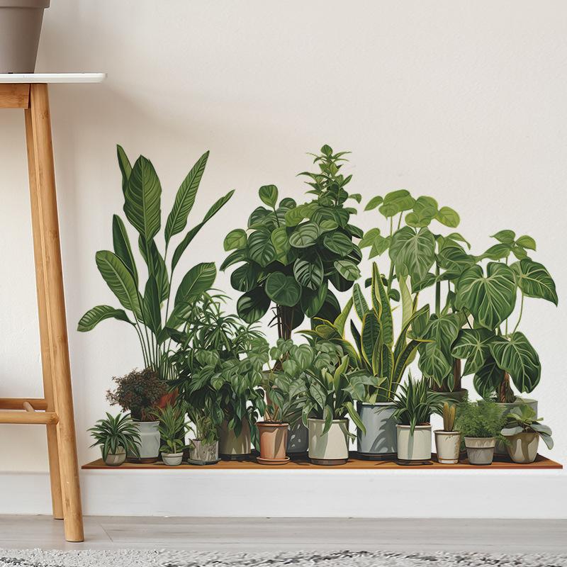 Тропическая зелень в горшках Наклейки на стену 3D Наклейки в виде листьев черепашьего панциря Для декора стен Спальня Гостиная Настенный ландшафтный декор