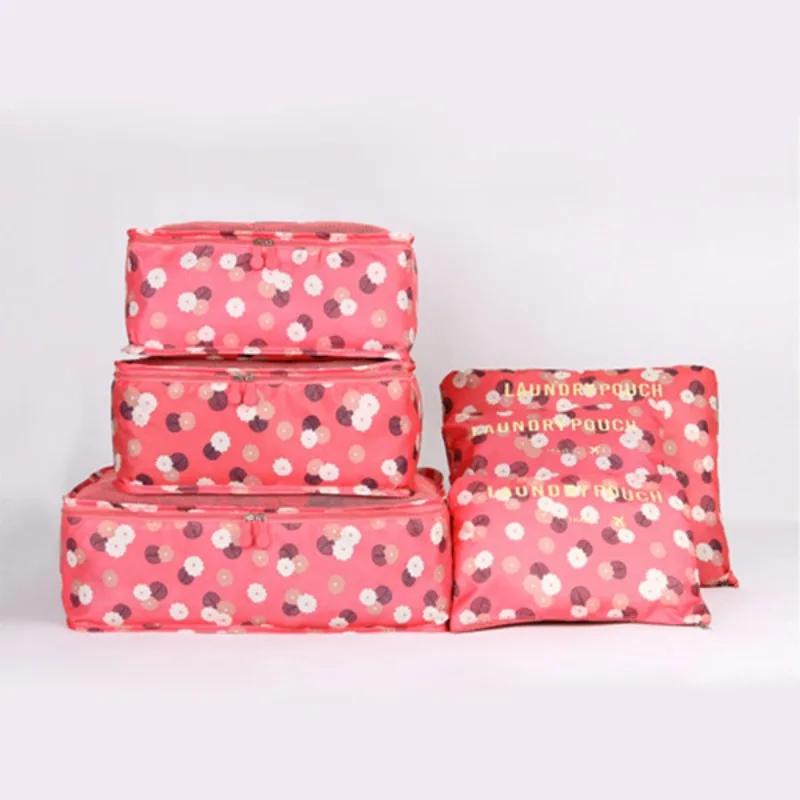 6pcs Blue Floral Travel Organizer Bags Polyester Storage for Clothes Toiletries Accessories Business Trip Home Organization