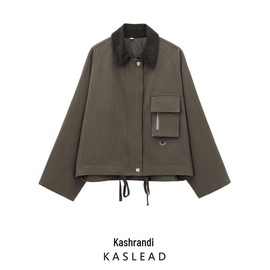 2024 Autumn Women's European & American Style Fashion Waxed Leather Jacket with Corduroy Collar