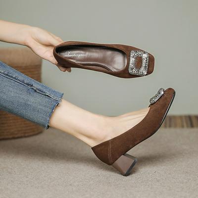 Замшевые женские туфли на низком каблуке с квадратным носком, темпераментные, с неглубоким носком, удобные туфли-лодочки на толстом каблуке, женские рабочие туфли из кожи небольшого размера