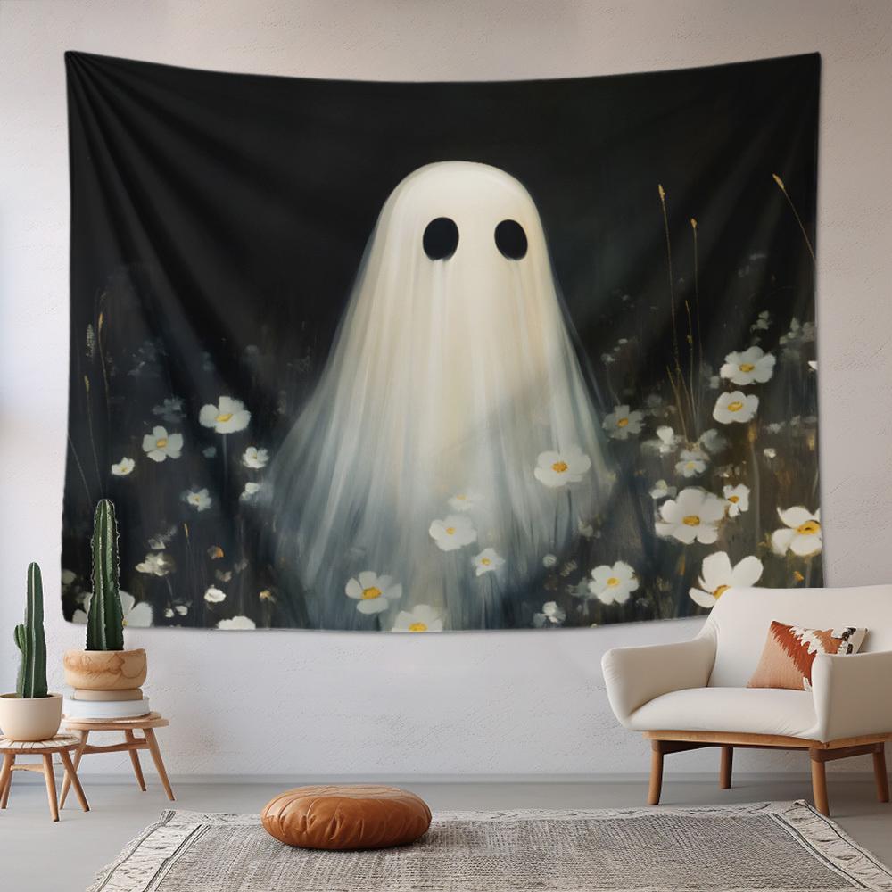 Retro Oil Painting Style Daisy Cute Ghost Tapestry Black Background Small Flowers Gentle Ghost Wallpaper Party Decor