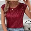 Women T-shirt Round Neck Sleeveless Loose Fit Tee Shirt Shiny Sequins Casual Tees
