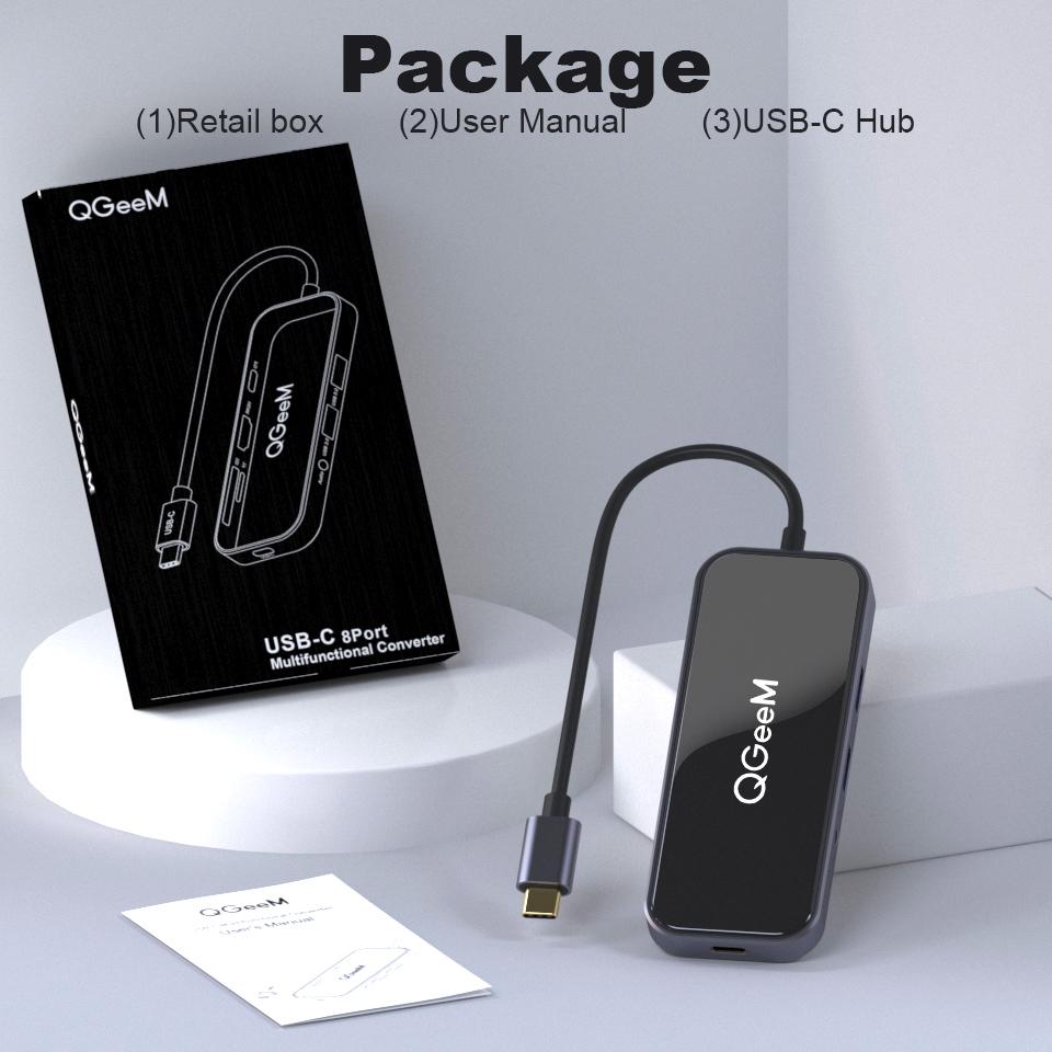 QGeeM 8 портов USB C Hub для Macbook Pro Air Type C Hub 3,0 Адаптер TF SD 3,5 мм PD Aux HDMI Type C Hub для iPad Pro ПК Разветвитель док-станции