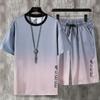Костюм Ice Silk Single Gradient Color, мужской молодежный повседневный комплект из двух предметов с короткими рукавами и шортами размера «плюс»