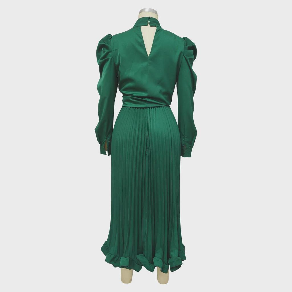 Autumn European & American Puff Sleeve Top with Ruffled Pleated Skirt Set.