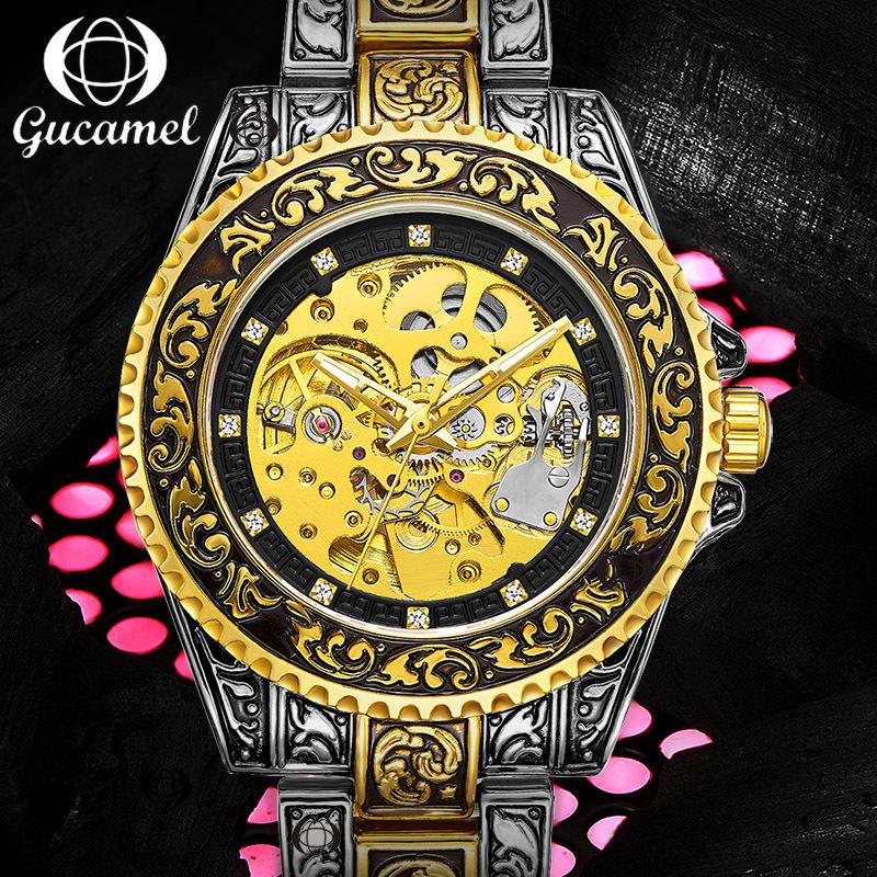 GUCAMEL новый стиль мужские модные полые ретро резные механические часы