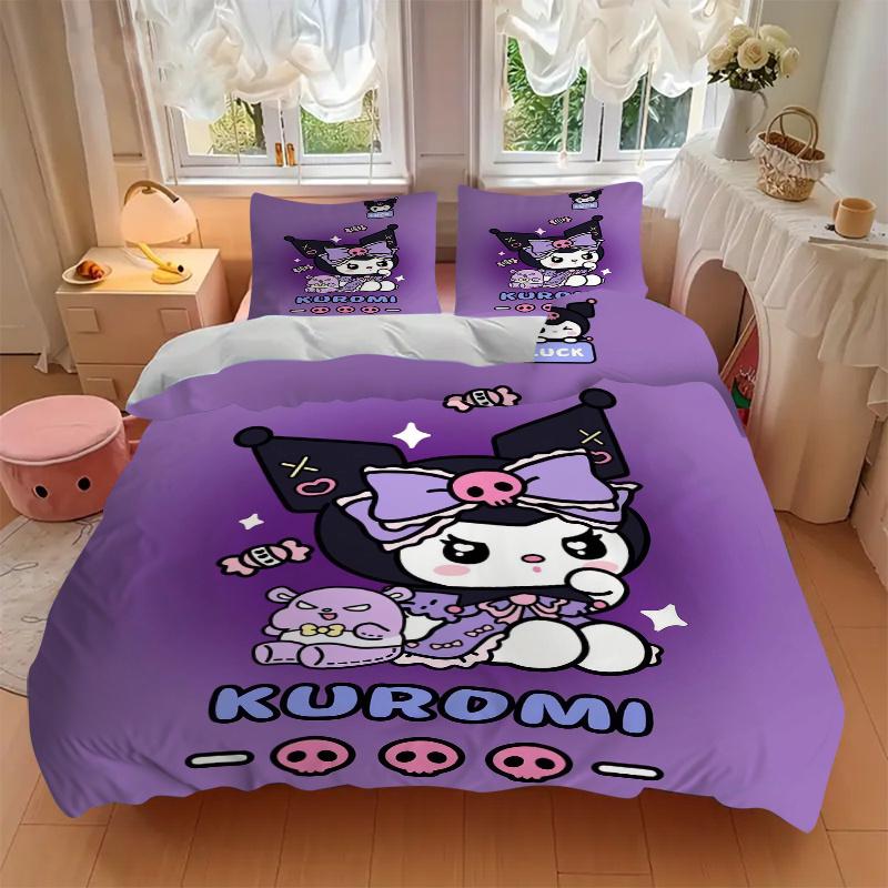 3 шт. Набор постельного белья с принтом Kuromi Sanrio 'Удача' (1 Пододеяльник + 2 Наволочки, Без Наполнителей), Мягкий и удобный W058