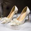 High Heel Shoes For Women With Butterfly Bow Water Dots Leathercombination For Daily Wear