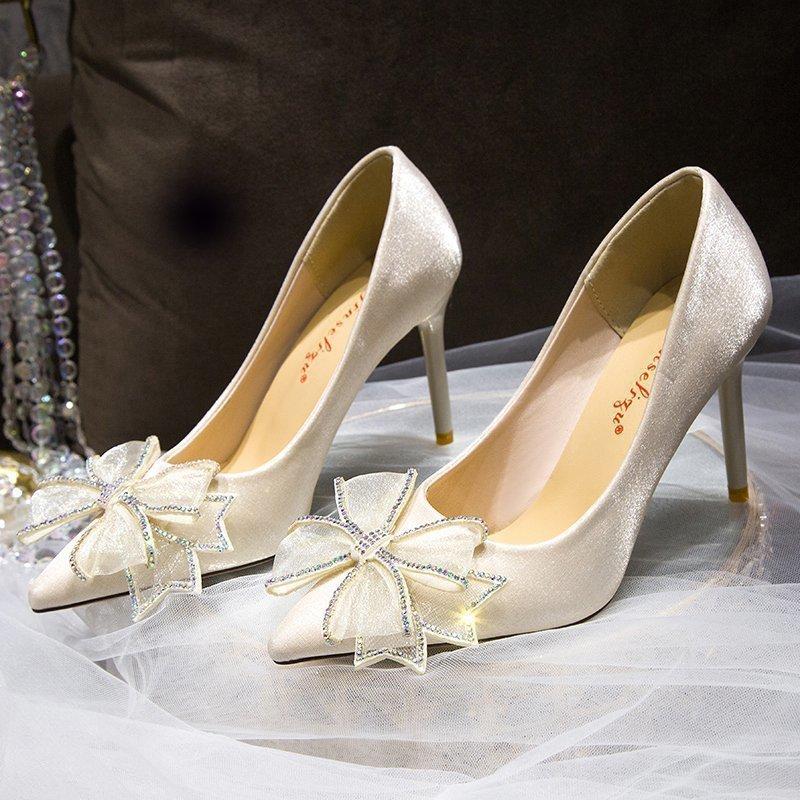 High Heel Shoes For Women With Butterfly Bow Water Dots Leathercombination For Daily Wear
