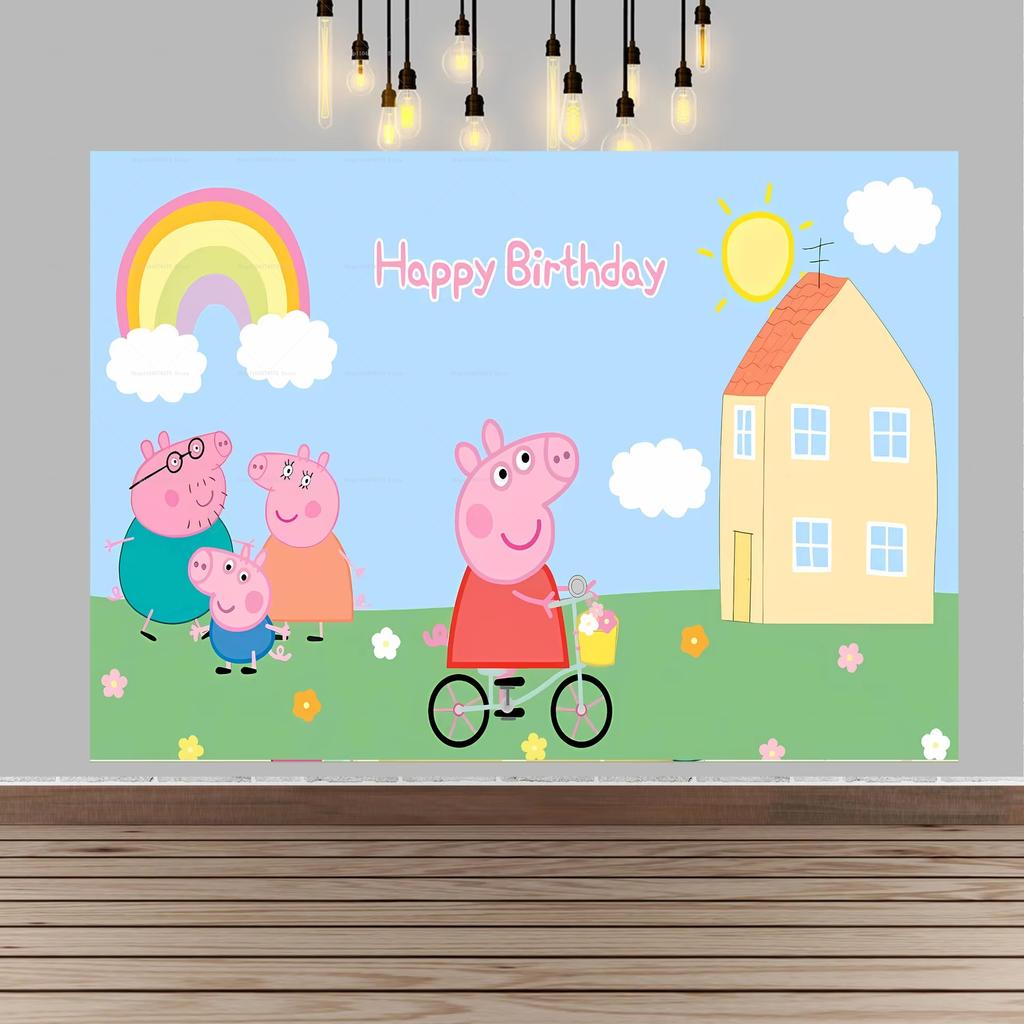 Happy Birthday Peppa Pig Photo Backgrounds, Perfect For Kids' Parties, Family Gatherings, And Birthday Celebration Banners.