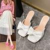 2025 Summer New Large Size Bow Open-toed One-word Drag Women Wear Square Head Bow Middle Heel Sandals