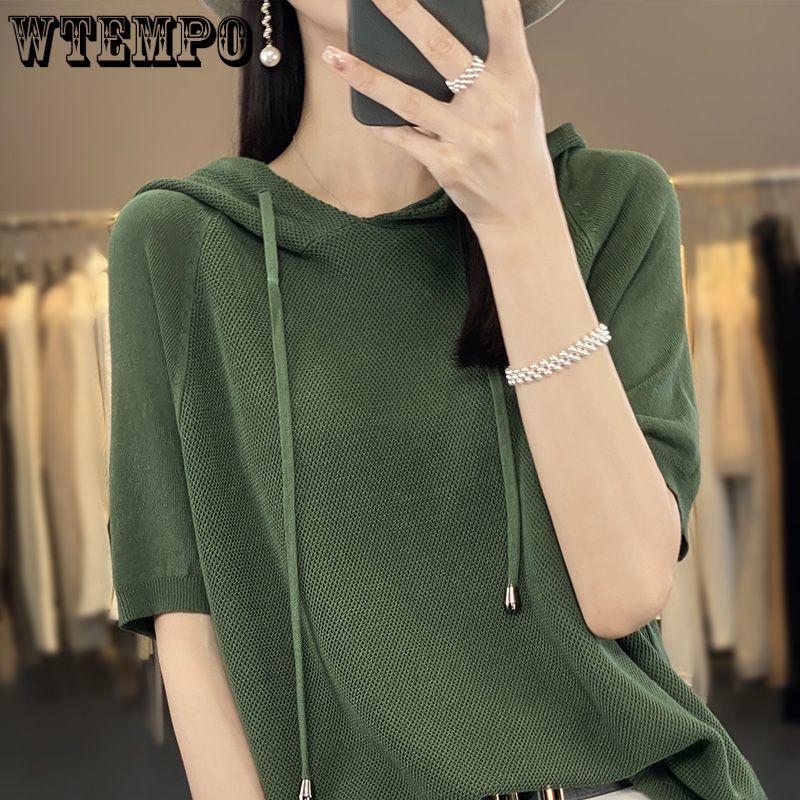 Ice Silk Hooded Short Sleeve Knitted T-Shirt Women's Hoodie Solid Color Wearing Hat Five Quarter Sleeve Thin Hoodie