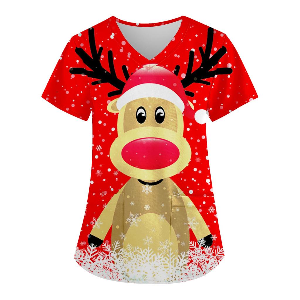 Women's Fashion V-neck Short Sleeve Workwear With Pockets Christmas Printed Tops