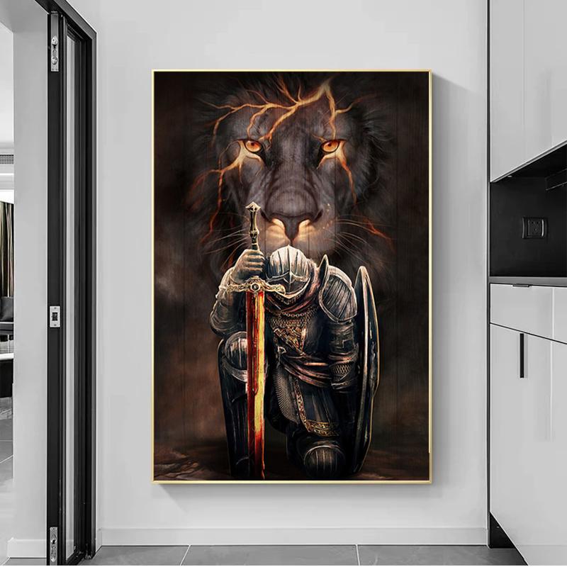 Плакат с изображением рыцаря Христианский лев и доспехи веры Картина на холсте Художественная картина Подарки на Пасху Декор для гостиной Домашний декор Без рамки