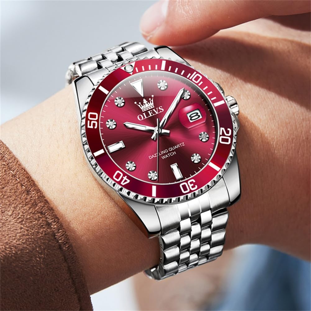 Men's Red Popular Waterproof Silver Olevs Watch Business Analog Quartz Watch Men's Stylish Stainless Steel Men's Watch Date Simple Large Dial