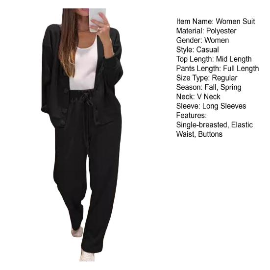 2 Pcs/Set Women Shirt Pants Set V Neck Single-breasted Long Sleeves Knitted Loose Top Drawstring Elastic