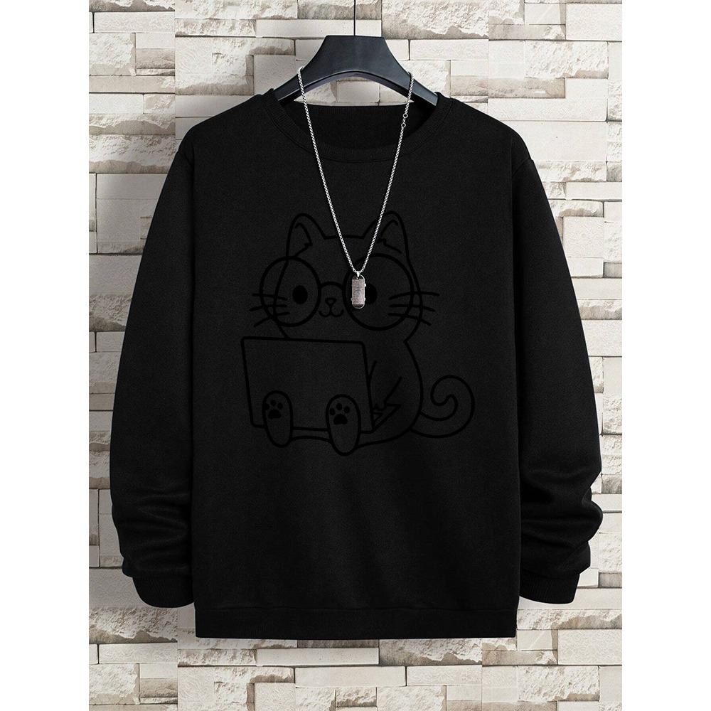 Мужская толстовка с принтом «Джентльмен Кот на работе» Свободная толстовка с капюшоном Осенняя толстовка с капюшоном Модная уличная одежда Пуловер с круглым вырезом Мужская одежда