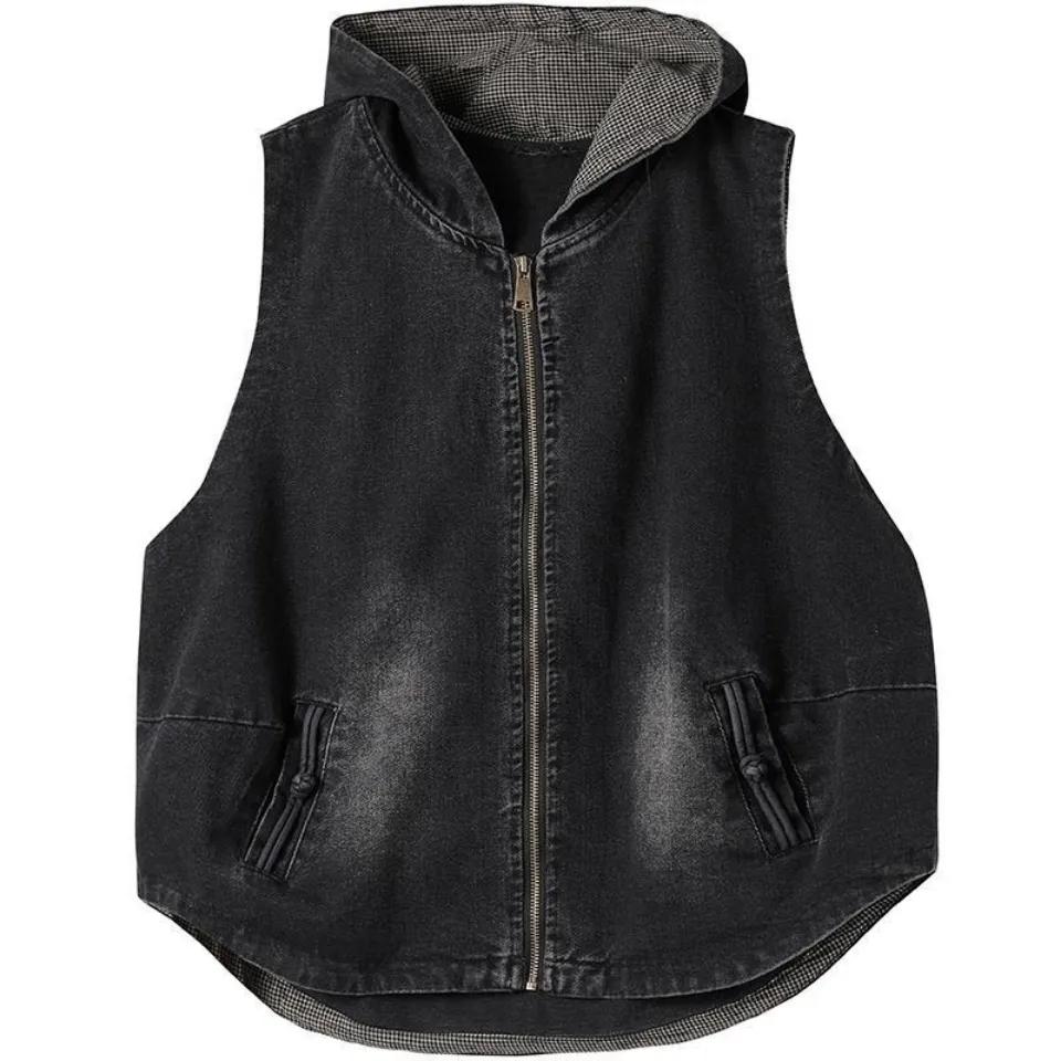 Women's Loose Hooded Literary Sleeveless Vest Spring Casual Washed Denim Jacket