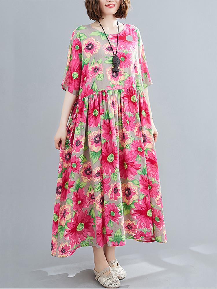 Хлопковое женское повседневное свободное длинное летнее платье с коротким рукавом больших размеров