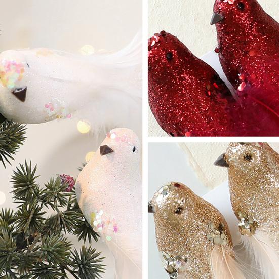 2 Pcs Artificial Simulation Birds Ornament Glitter Feathered Bird Christmas Tree Ornaments Clip Foam