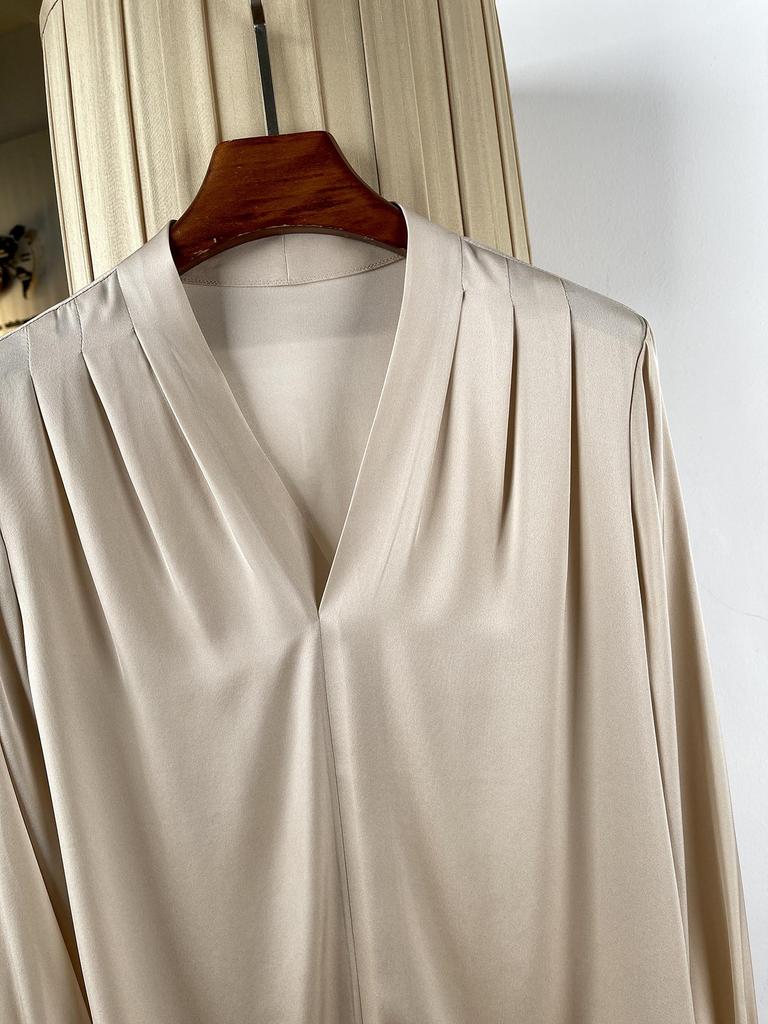 Женская элегантная шелковая рубашка-свитер с V-образным вырезом, длинный рукав, свободный крой, стройнящая, шелк-тусса, идеально подходит для весенне-летнего офиса.