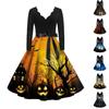 Women's Vintage Classic Dress Neck Waist Bow Tie Long Sleeves Halloween Print V Neck Swing Dress