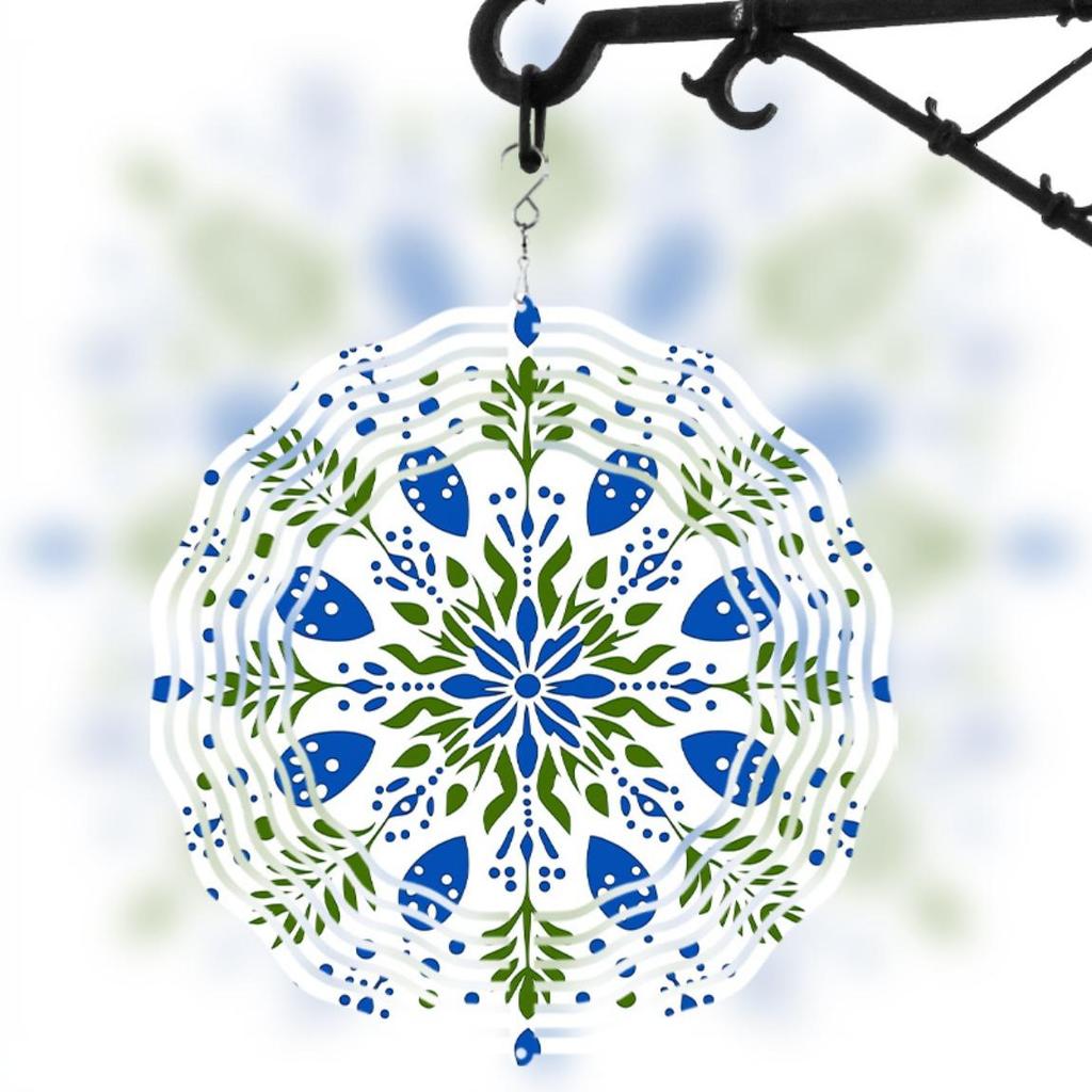 Bohemian Style Kinetic Wind Chime Metal Indoor Outdoor Hanging Decor Blue Green Floral Design Garden Patio Balcony Window Decoration All Season
