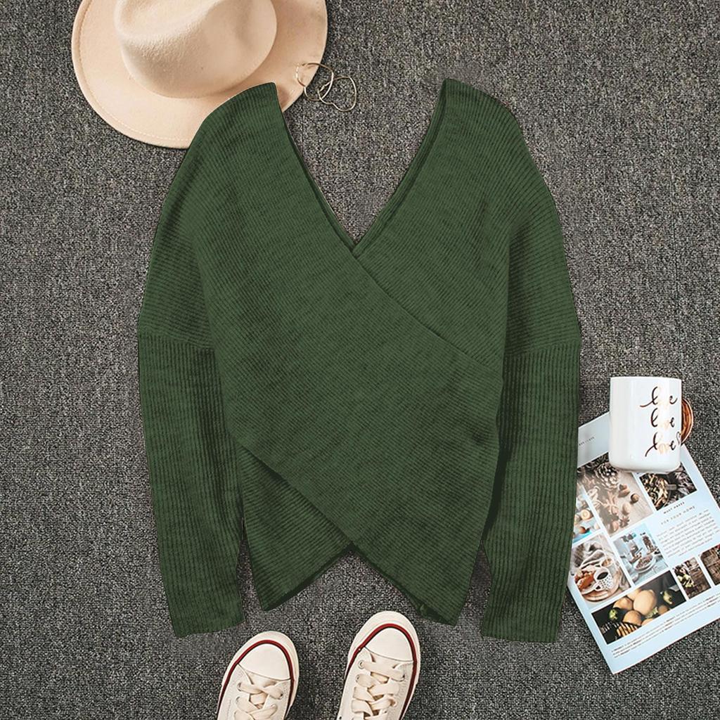 Женский повседневный однотонный свободный вязаный свитер с v-образным вырезом, вязаный свитер в рубчик