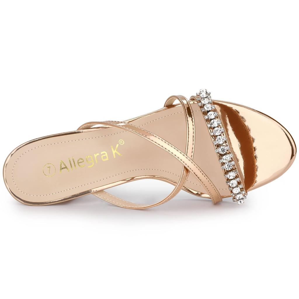 Allegra K Women's Rose Gold Slide Mule Sandals with Rhinestones, Cross Strap, Block Heel, Size 24.0cm