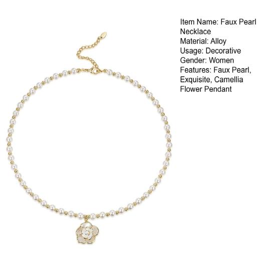 Women Girl Faux Camellia Necklace Flower with White Pearl Pendant Temperament Dressing-Up Beaded Faux Pearl