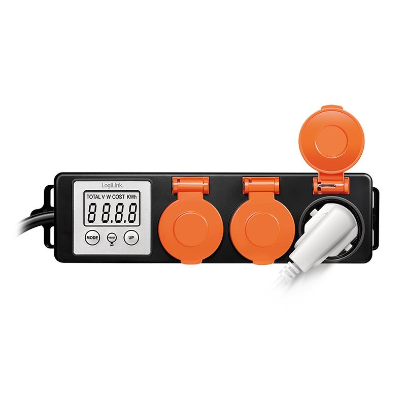 Extension cord Power strip 3 socket energy meter 1.4 m LCD CEE7/3 LogiLink IP44