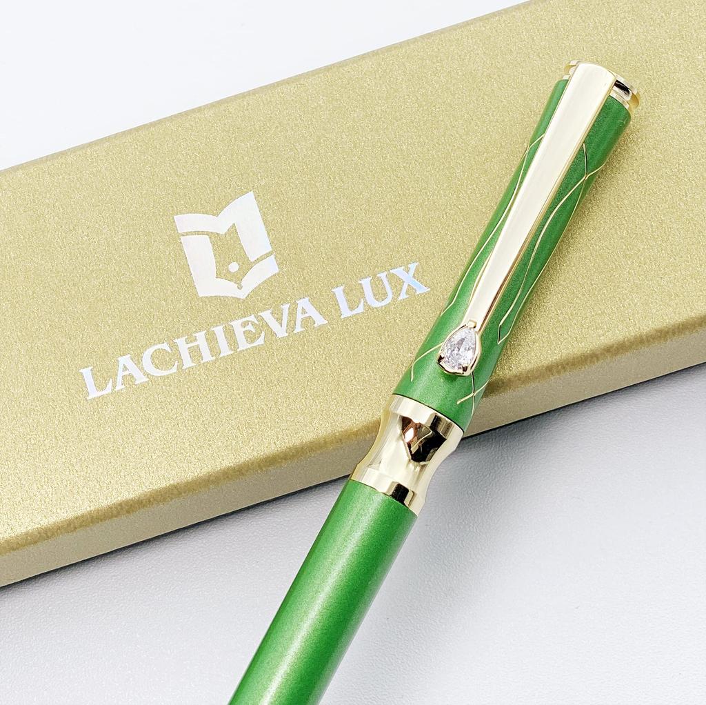 LACHIEVA LUX Jinki Luxury Writing Instruments Stationery with Swiss Crystal Luxury Metal Ballpoint Pen Gift Set One Black and One Green Clip, (German