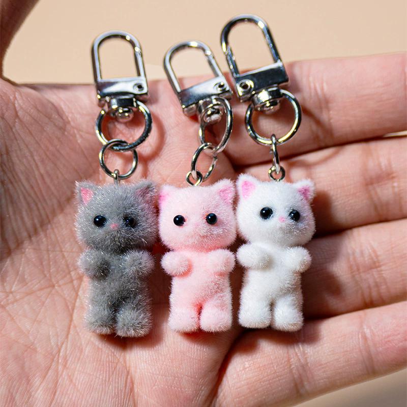 Cute 3D Flocking Kitten Keychain Cat Couple Mobile Phone Pendant Car Keyring Earphone Backpack Pendant