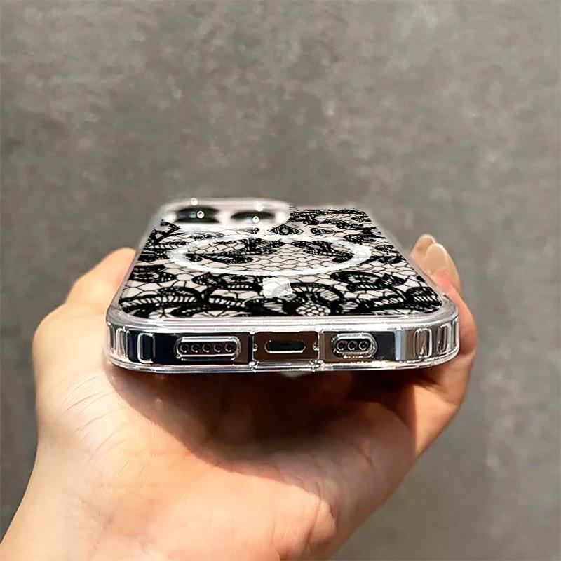 Прозрачный противоударный чехол для телефона Magsafe для iPhone 17Air 16 15 Plus 14 13 12 11 17 Pro Max 7 8 Plus 16 E Черный кружевной чехол