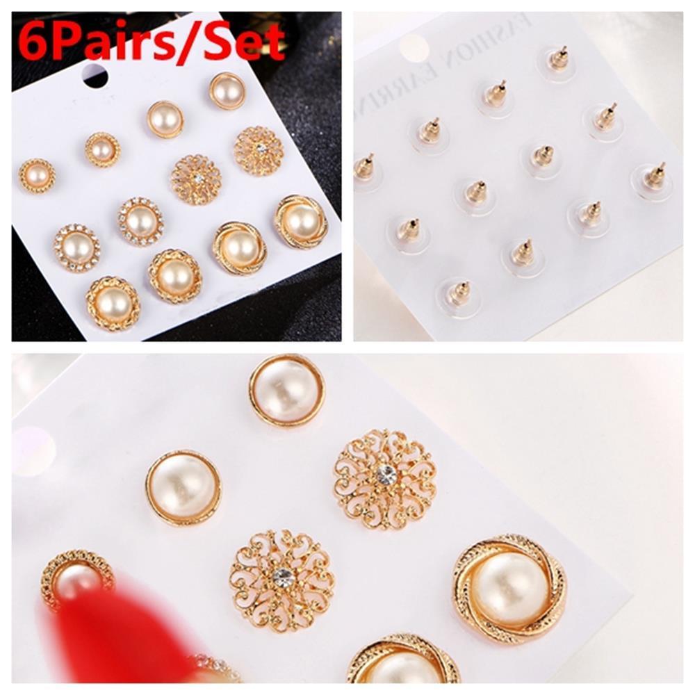 6Pairs/Set Women Round Hoop Jewelry Zircon Pearl Ear Stud Embroidery Rose Drop Dangle Earrings