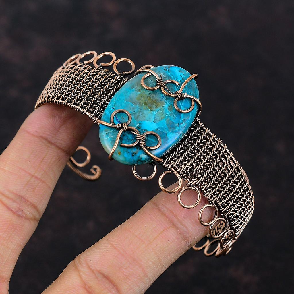 Браслет из хризоколлы, медная проволока, браслет-манжета, регулируемый браслет, ручная работа, проволочная обертка, ювелирные изделия из драгоценных камней, медные украшения для подарка