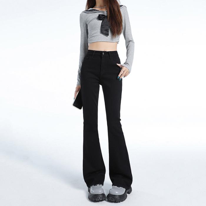 Женские черные джинсы с высокой посадкой и микро-клешем, коллекция весна/осень 2025