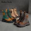 Женские ботинки из натуральной кожи на массивном каблуке, цветные сапоги с высоким берцем и толстой подошвой, модные повседневные женские мотоциклетные ботинки