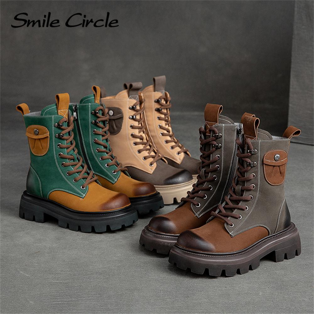 Женские ботинки из натуральной кожи на массивном каблуке, цветные сапоги с высоким берцем и толстой подошвой, модные повседневные женские мотоциклетные ботинки