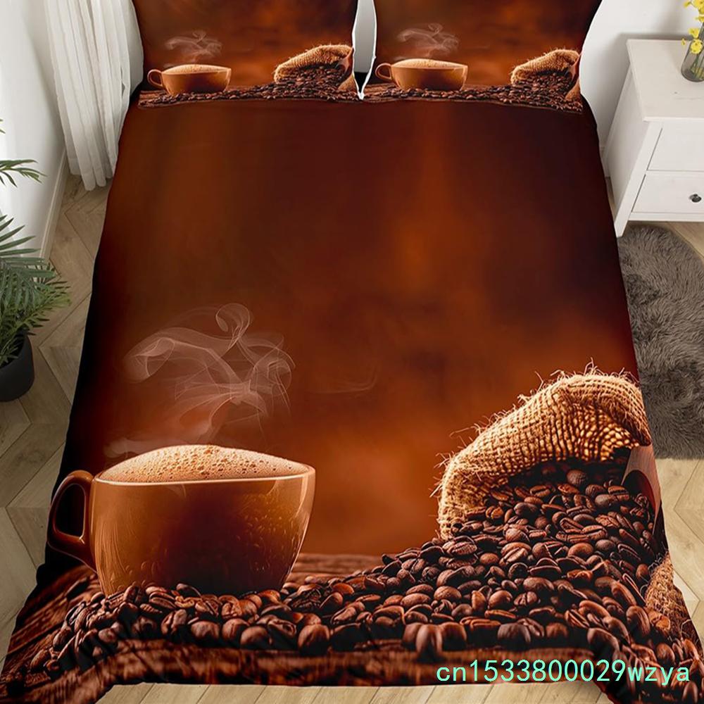 Пододеяльник с изображением кофейного напитка Queen King Cartoon Coffee Drink Cup Print Комплект постельного белья Coffee Lover Cover Modern Brown Quilt Cover