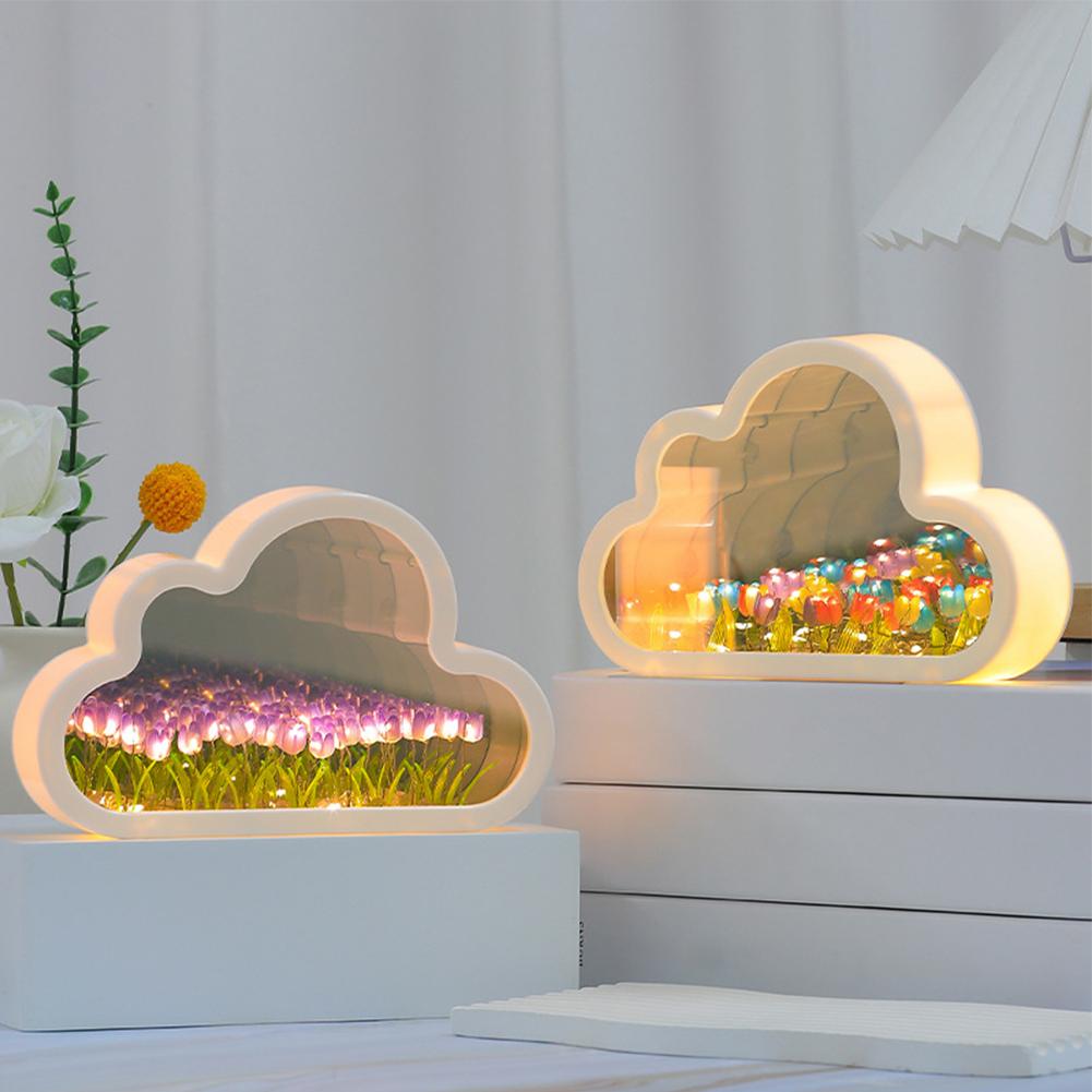 DIY Tulip Night Lights Cloud Shape Mirror Simulation Flower Sleeping Table Lamp for Bedroom Party Decoration Birthday Gifts