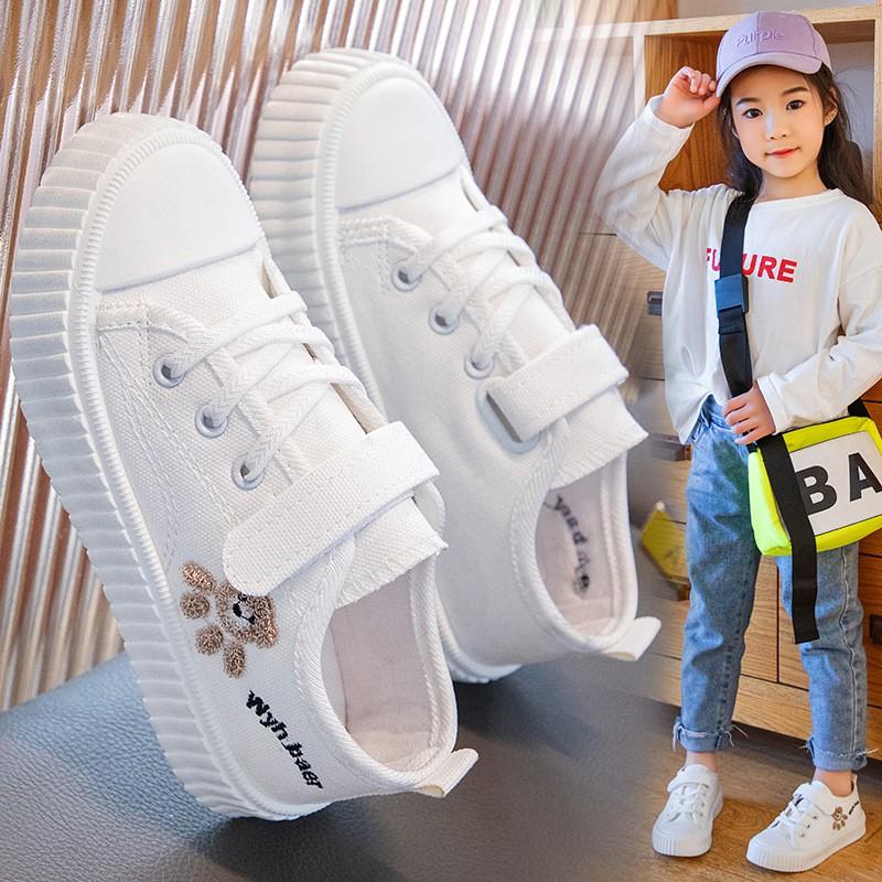 Kids Canvas Sneakers Boys Girls Breathable Low-Top Casual Shoes With Hook Loop White Black Pink