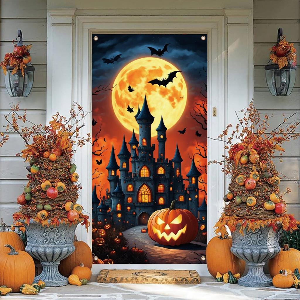 1 piece Halloween door banner decoration full month pumpkin lantern bat castle background