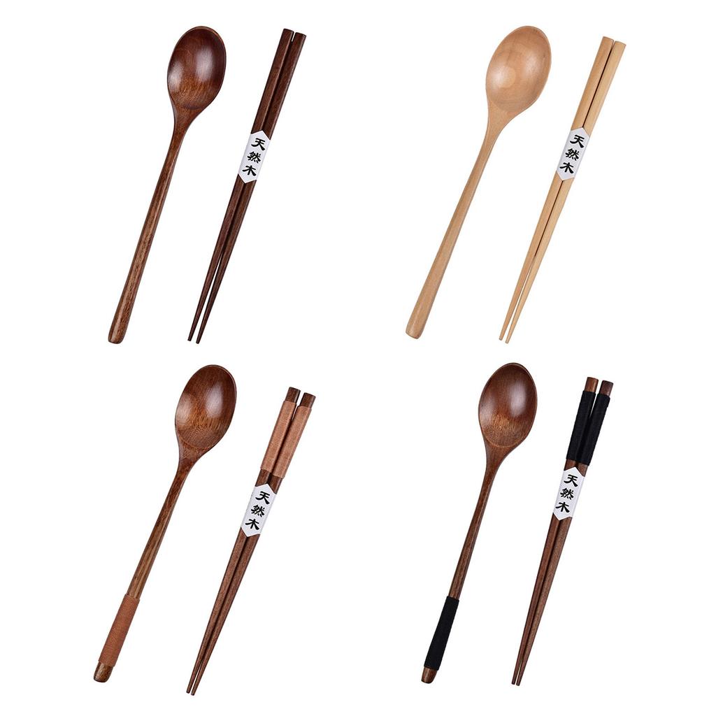 Легкий Портативный Деревянный Набор Столовых Приборов Палочки для Еды и Ложка Посуда с Текстурой Дерева для Путешествий Кемпинга Домашней Трапезы