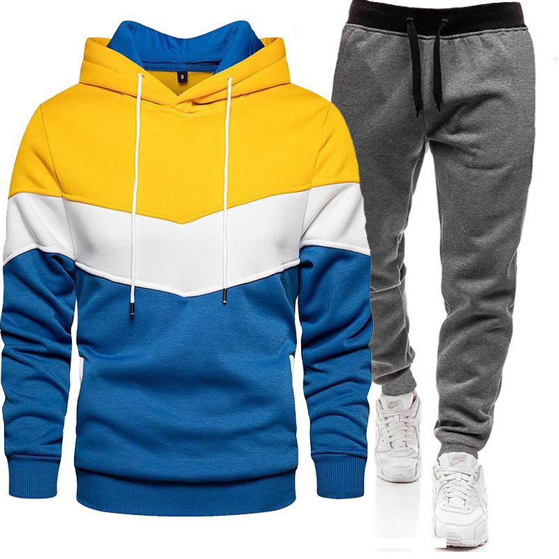 Sports Suit Men's Autumn Winter Plus Size Loose Hooded Sweatshirt Sweatpants Color Blocked 2-piece Set Light Plate