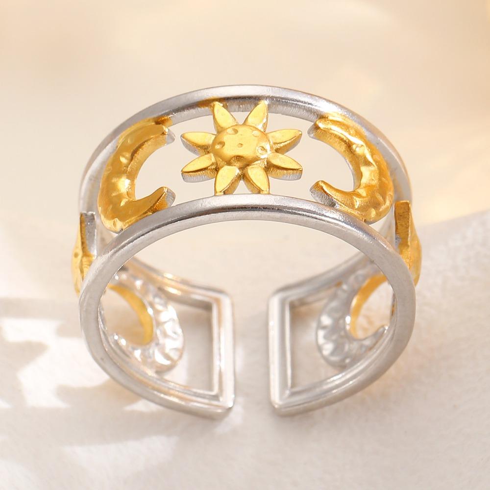 Retro Personality Stainless Steel Double-layer Hollowed-out Star Moon Sun Stainless Steel Open Rings for Women Finger Jewelry