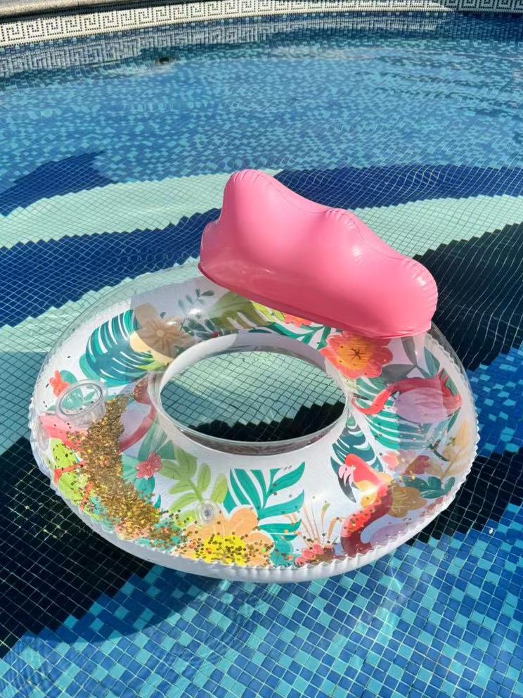Плавательный круг со спинкой в виде фламинго с пайетками большого размера, с подстаканником и ручками