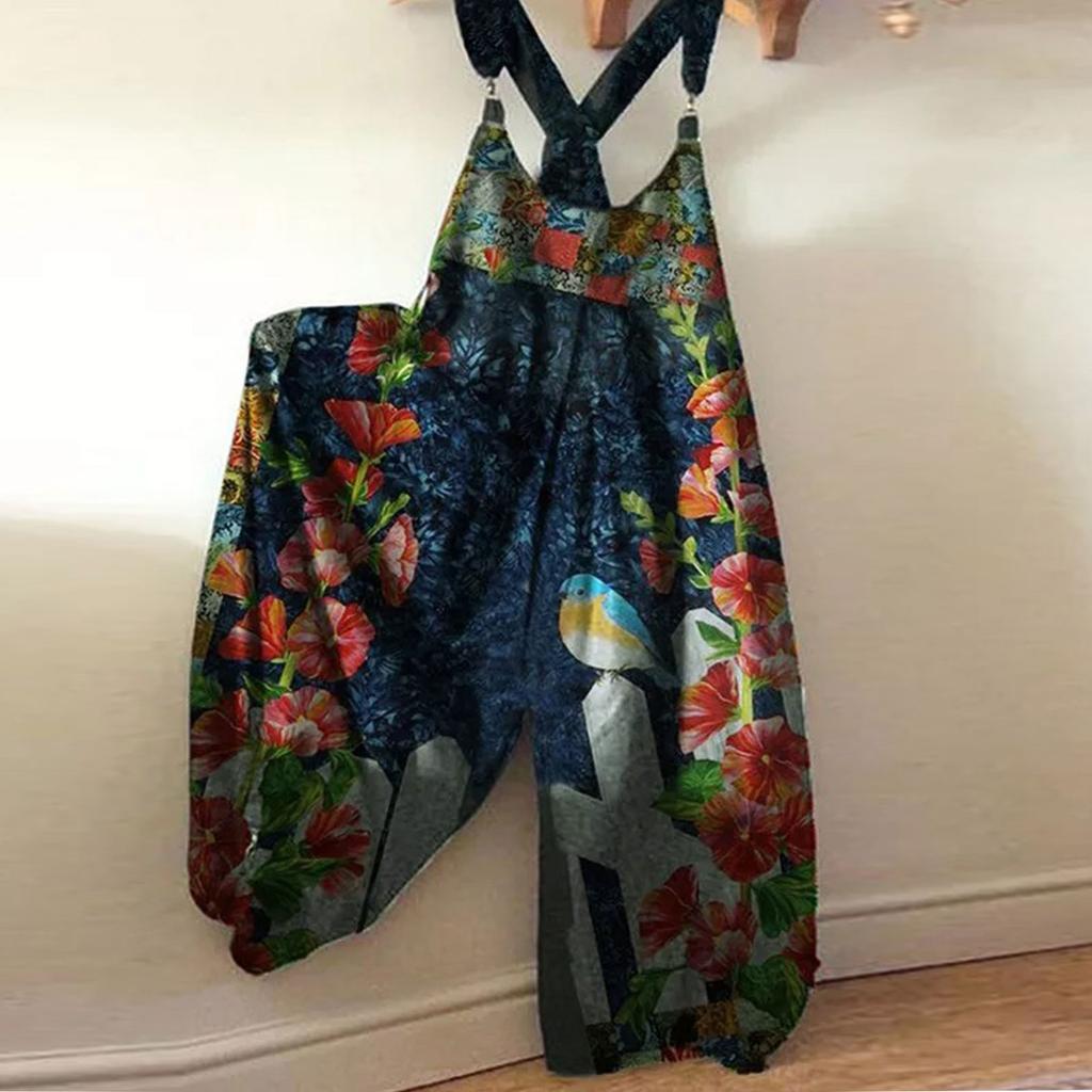 Women's Fashion Summer Sweet Loose Casual Print Retro Strappy Jumpsuit