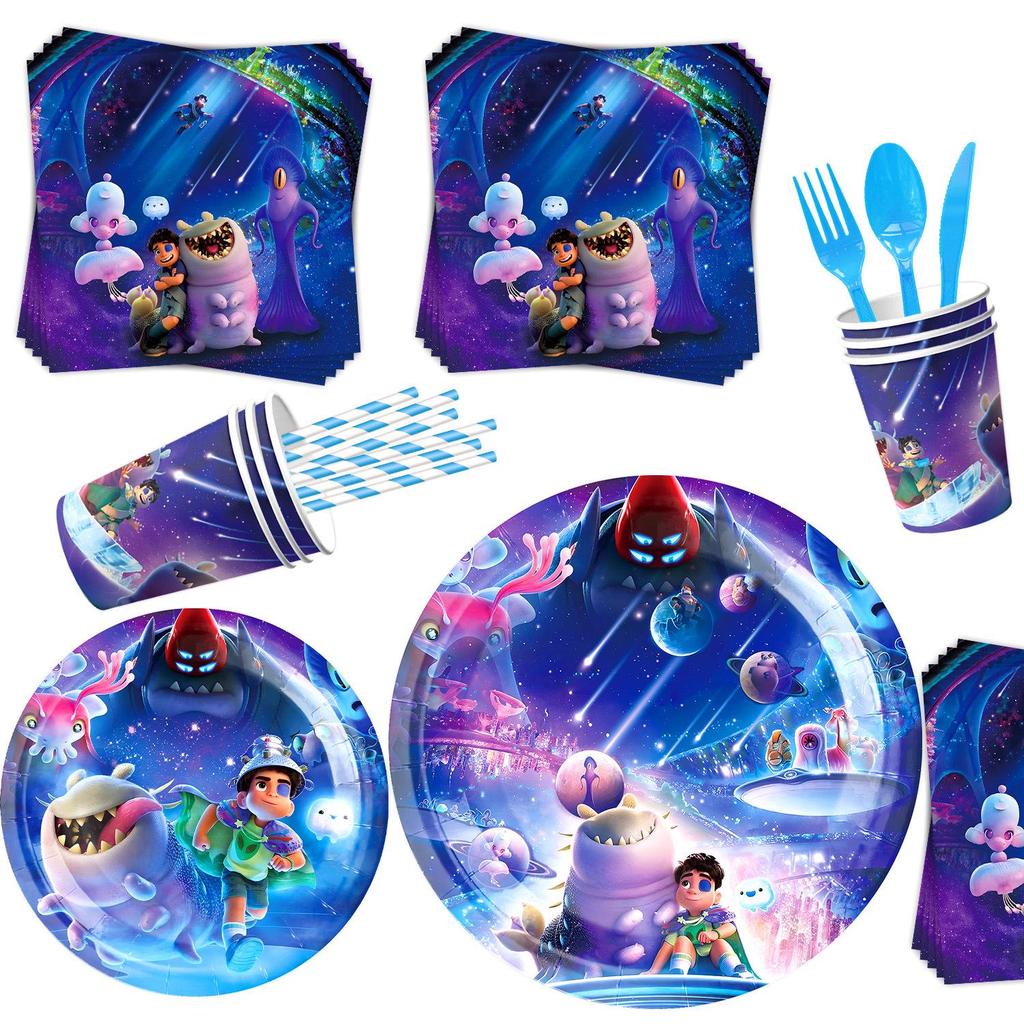 Earth Special Agent Anime Birthday Party Tableware Set: Plates, Cups, Tablecloth, Knives, Decorations.